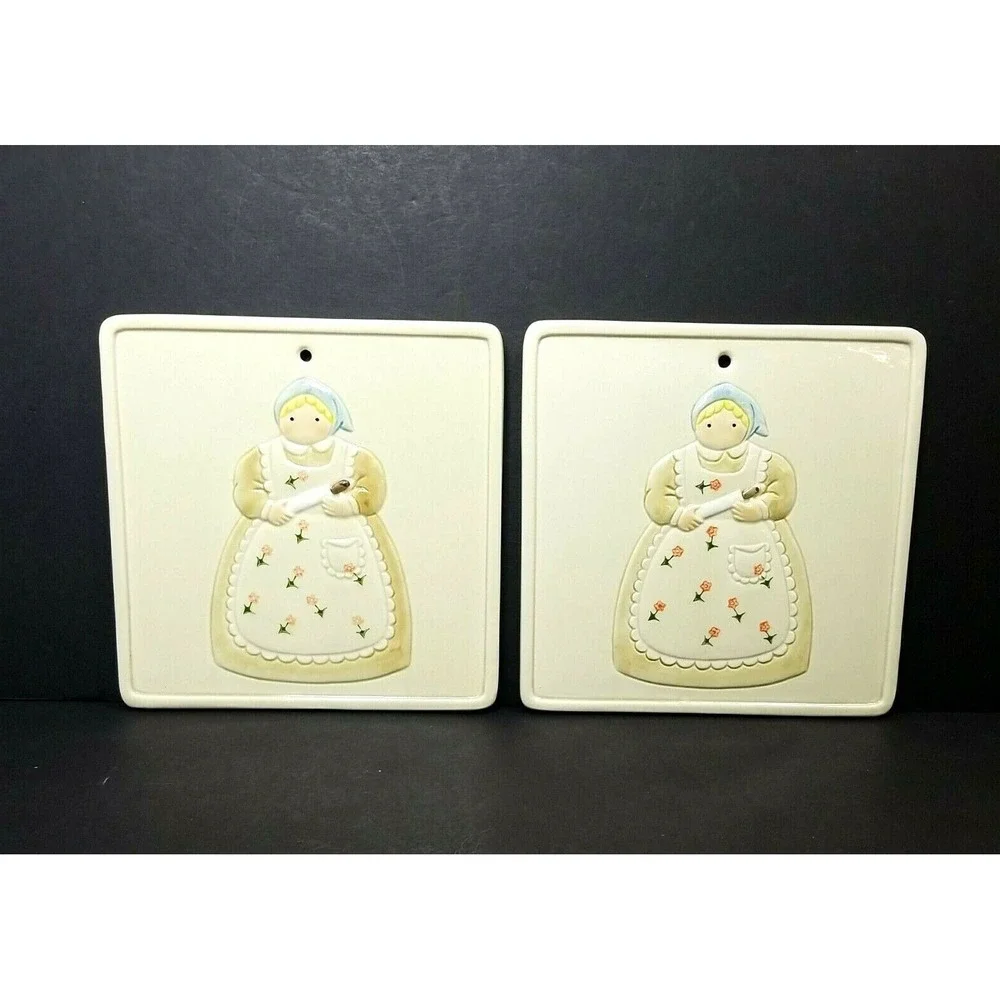 (2) Otagiri Farmhouse Lady w/ Rolling Pin Trivet Wall Art Plaque Ceramic Vintage